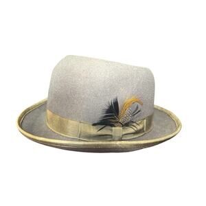 Ferrecci Derby Hat Fedora 100% Wool Felt Grosgrain Ribbon and Feather Accent Med